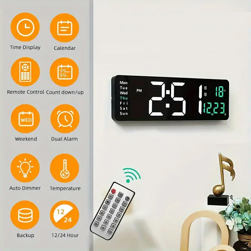 Digital LED Wall Clock - 41cm - White With Remote