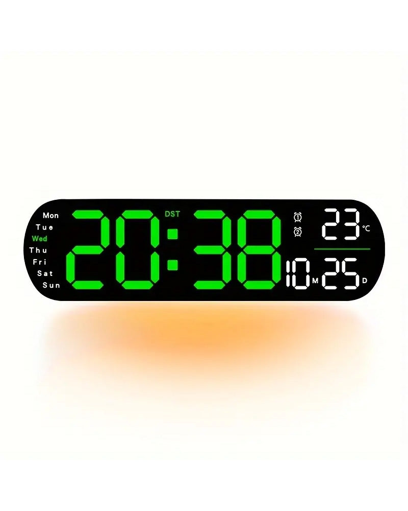 Digital LED Wall Clock - 35cm - Green & White With Remote